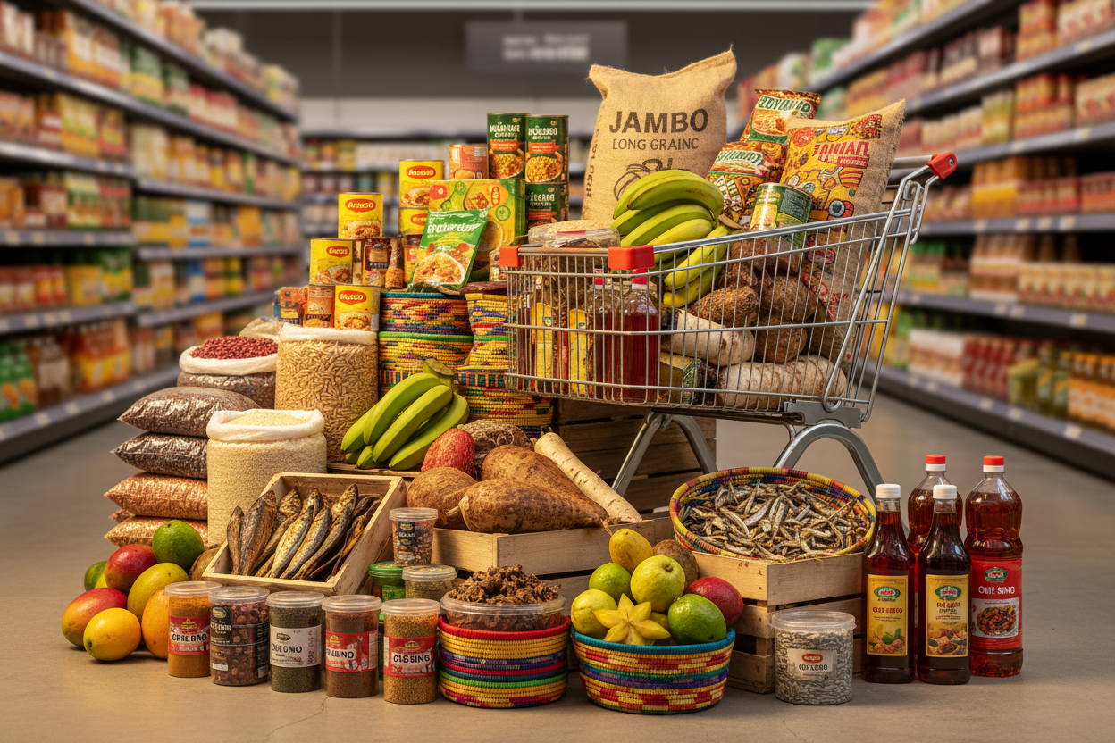 African grocery products with a cart